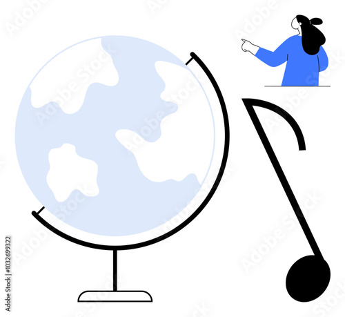 Woman pointing at a large globe and a sizable musical note. Ideal for education geography music teaching and global awareness. Elegant minimalistic clean style