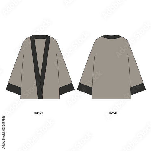 Vector illustration of kimono style jacket front and back view. Template of simple cut shirt with free sleeves , vector. Flat sketch of a loose cut robe with long sleeves.