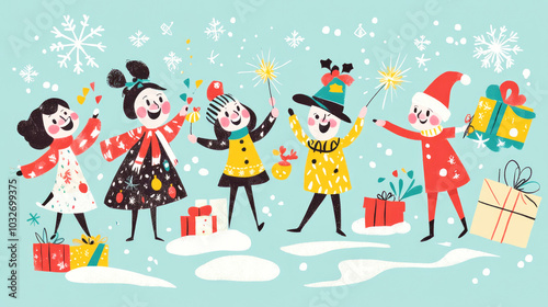 Happy cartoon characters celebrating Christmas with sparklers, gifts, and plush toys in a snowy landscape