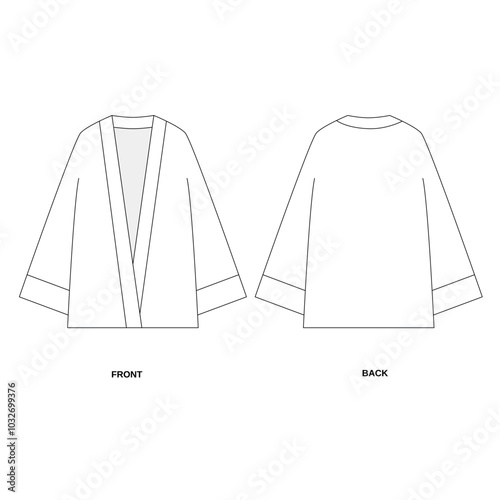 Technical illustration of kimono style cape front and back view, vector. Template of simple shirt with loose sleeves. Outline sketch of long sleeved robe with long sleeves, Japanese style, vector.