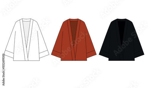 Set of vector illustrations of oversize shirt in red, white and black colors, vector. Collection of clothing for women in the form of lightweight cape for summer vacation by the sea, pool.
