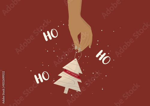 Hand holding wooden tree ornament. Festive Ho Ho Ho Christmas Tree Ornament. Sustainable christmas concept. Flat vector illustration. Eco-friendly christmas decoration