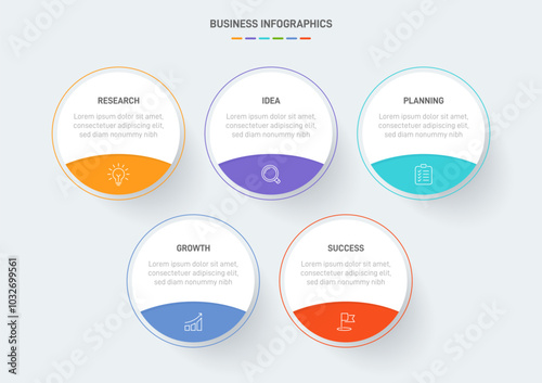 5 clean infographic design shaped elements template, symbolizing the five stages of business strategy and progression. Progress bar or timeline. Vector for presentation, web site or app.