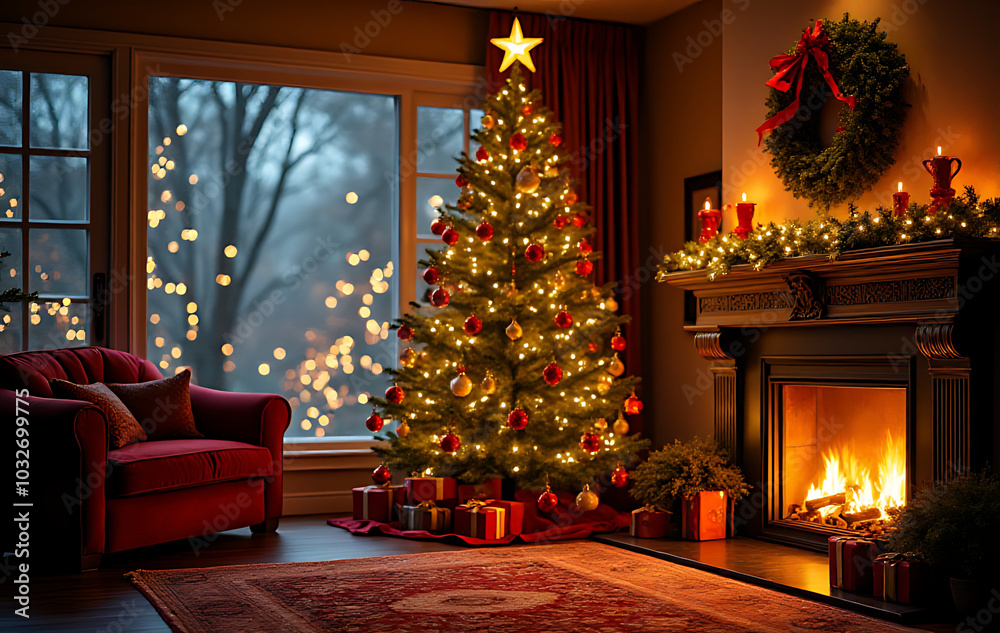 festive decorations surround christmas tree front cozy fireplace stunning view decorated