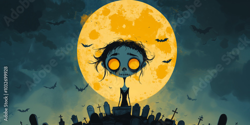 Zombie girl in front of a cemetery on the hill and a large yellow moon in the background | Halloween | Zombie | Cartoon | Spooky | Trick or Treat |