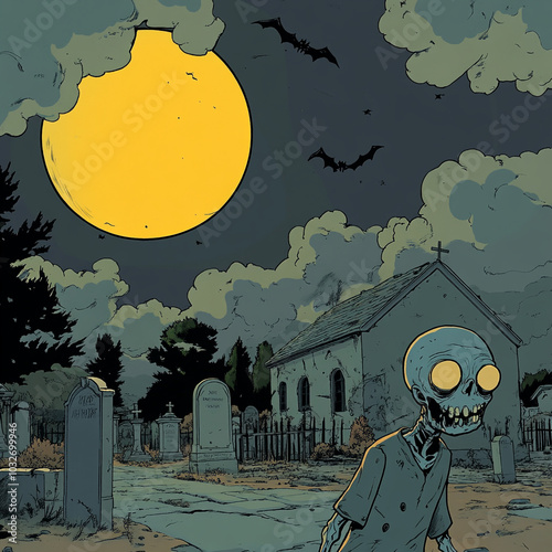 Zombie walking in a cemetery at halloween with a mausoleum and large yellow moon in the background | Halloween | Zombie | Cartoon | Spooky | Trick or Treat |