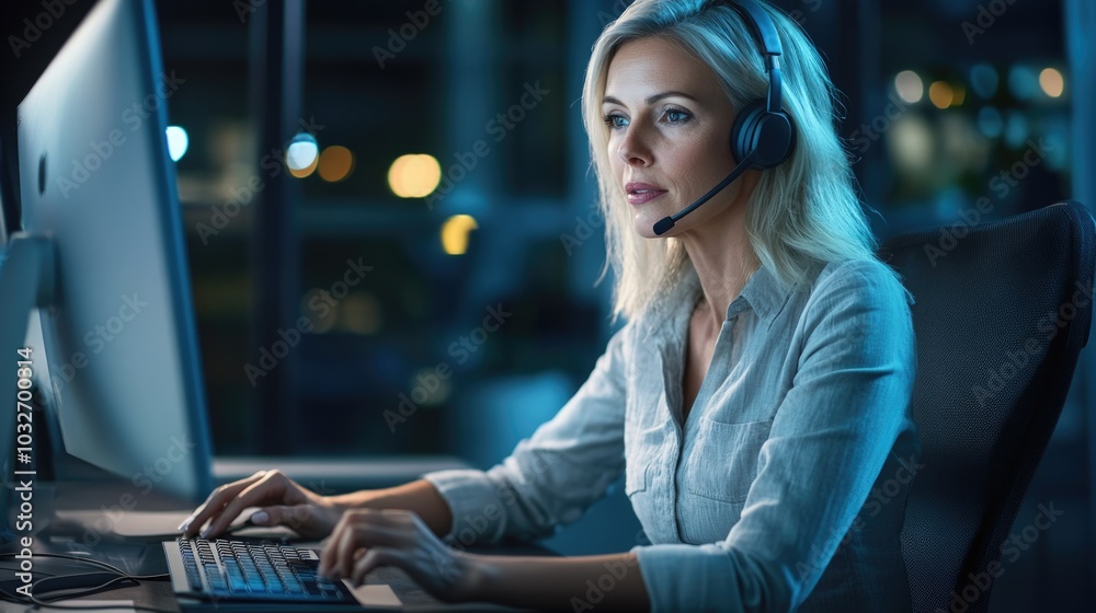 Professional mature woman engaged in focused work while using a headset in a vibrant office environment Professional mature woman engaged in focused work while using a headset in a vibrant office environment