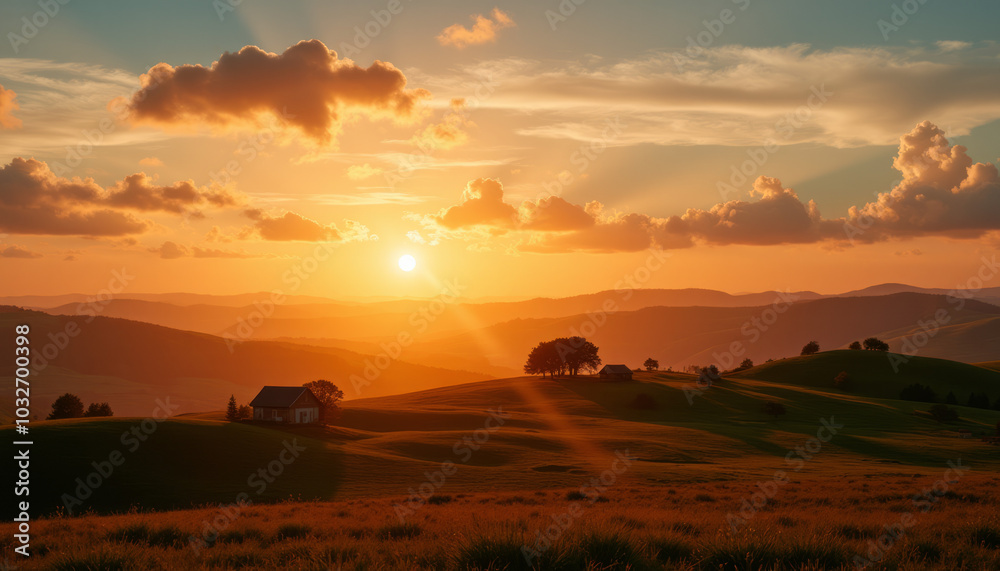 Golden Sunset Over Rolling Hills with a Silhouetted Tree, Capturing the Tranquility of Nature Golden Sunset Over Rolling Hills with a Silhouetted Tree, Capturing the Tranquility of Nature