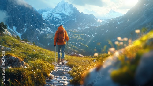 A hiker with a backpack walks along a mountain path with a view