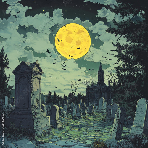 A spooky cemetery scene with a mausoleum and gravestones. In the background is a full yellow moon breaking through the clouds | Halloween | Horror | Scary | Graveyard |
