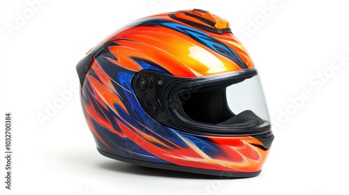 A vibrant motorcycle helmet featuring an orange and blue flame design. photo