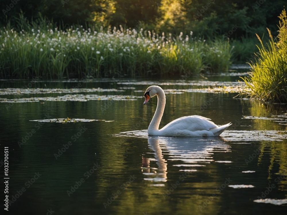 Fototapeta premium White swan swimming in tranquil pond surrounded by tall grass and trees in background, creating serene and peaceful natural landscape