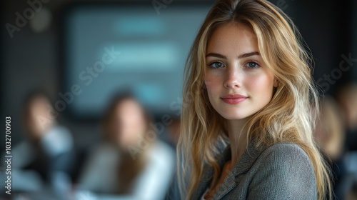 Wallpaper Mural Businesswoman smiling in office with coworkers out of focus Torontodigital.ca