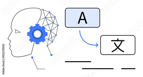 Human head with blue gear and network lines, showing translation of letter A to symbol with arrow. Ideal for machine learning, language processing, AI technology, data analysis, communication