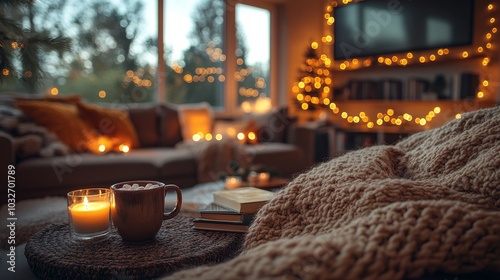 Cozy living room decorated with lights enjoying winter evening with hot chocolate and books