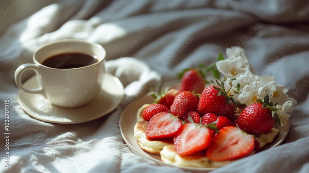 Enjoying a relaxing morning with fresh strawberries, banana slices, and coffee in a cozy setting Enjoying a relaxing morning with fresh strawberries, banana slices, and coffee in a cozy setting
