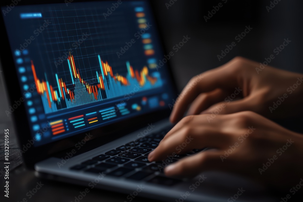 A person using a laptop to analyze stock market trends with graphical data displayed on the screen. A person using a laptop to analyze stock market trends with graphical data displayed on the screen.