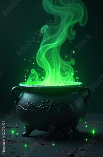 A black cauldron bubbling with bright green liquid, releasing swirling green smoke into the air.
