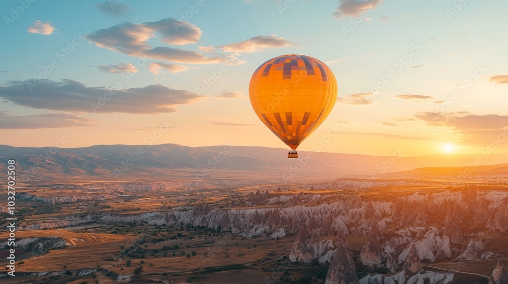 Fototapeta premium Gorgeous sunrise view of the rocky Cappadocia countryside, complete with vibrant hot air balloon rides over the deep valleys and gorges. Travel with a concept banner in Turkey. 