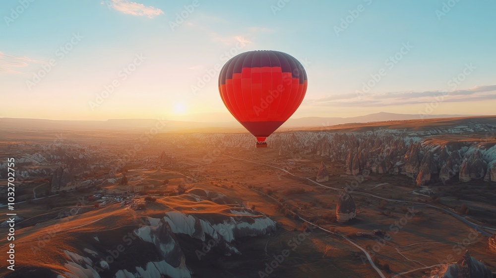 Obraz premium Gorgeous sunrise view of the rocky Cappadocia countryside, complete with vibrant hot air balloon rides over the deep valleys and gorges. Travel with a concept banner in Turkey. 