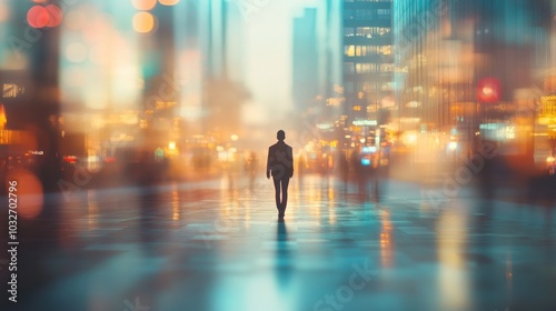 A solitary figure walks through a blurred, illuminated urban landscape at dusk.