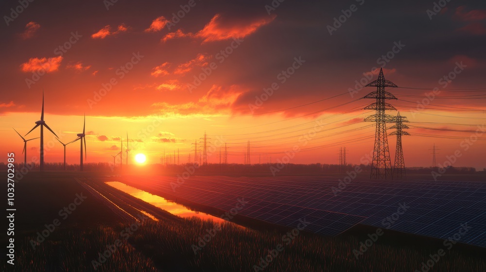 Obraz premium Solar panels with wind turbines and electricity pylon at sunset. Clean energy concept.
