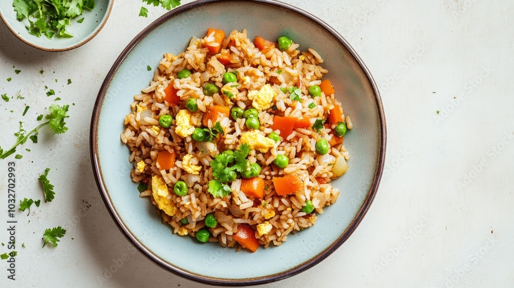 Top view of a bowl with fried rice with egg and vegetables, onion, bell pepper, carrot, green peas. Vegetarian food served in a light blue plate on a beige table. Top view of a bowl with fried rice with egg and vegetables, onion, bell pepper, carrot, green peas. Vegetarian food served in a light blue plate on a beige table.