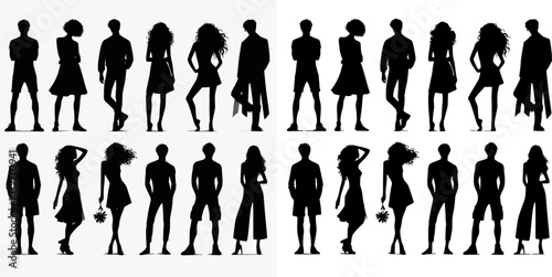 Vector silhouettes man and women, illustration. Silhouettes of young people posing in fashionable clothes.