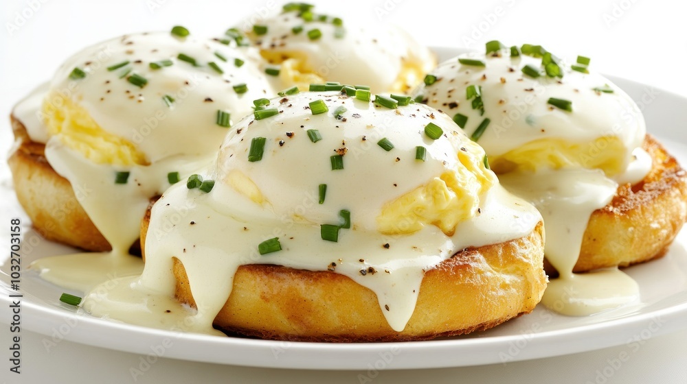 A plate of eggs Benedict topped with hollandaise sauce and chives. A plate of eggs Benedict topped with hollandaise sauce and chives.
