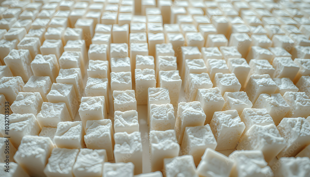 Fototapeta premium high key Detail of a maze made of sugar cubes, symbolizing unhealthy eating habits isolated with white highlights, png