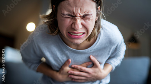 Wallpaper Mural Distressed Woman Clutching Chest in Pain, Expressing Intense Discomfort Torontodigital.ca