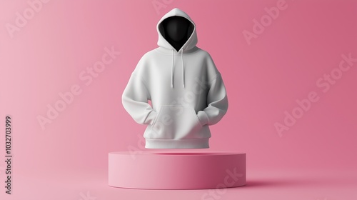 mockup 3d white female hoodie with mannequin placed on podium, isolated pink background