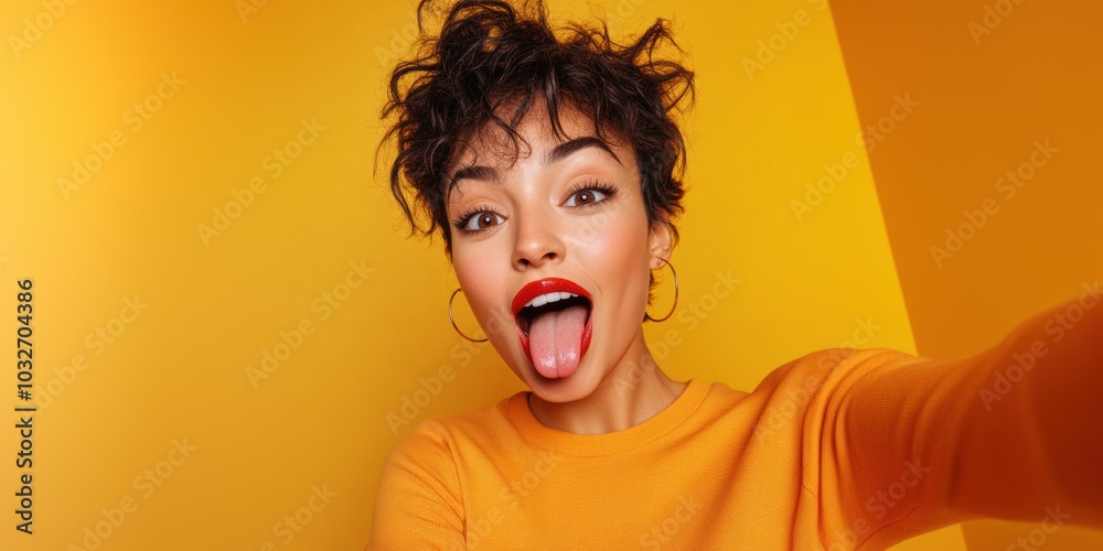 Bright and playful selfie of a young woman against a yellow backdrop Bright and playful selfie of a young woman against a yellow backdrop
