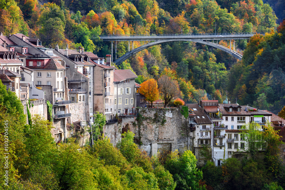 Traditional houses on the rock in Fribourg city Old town, Switzerland