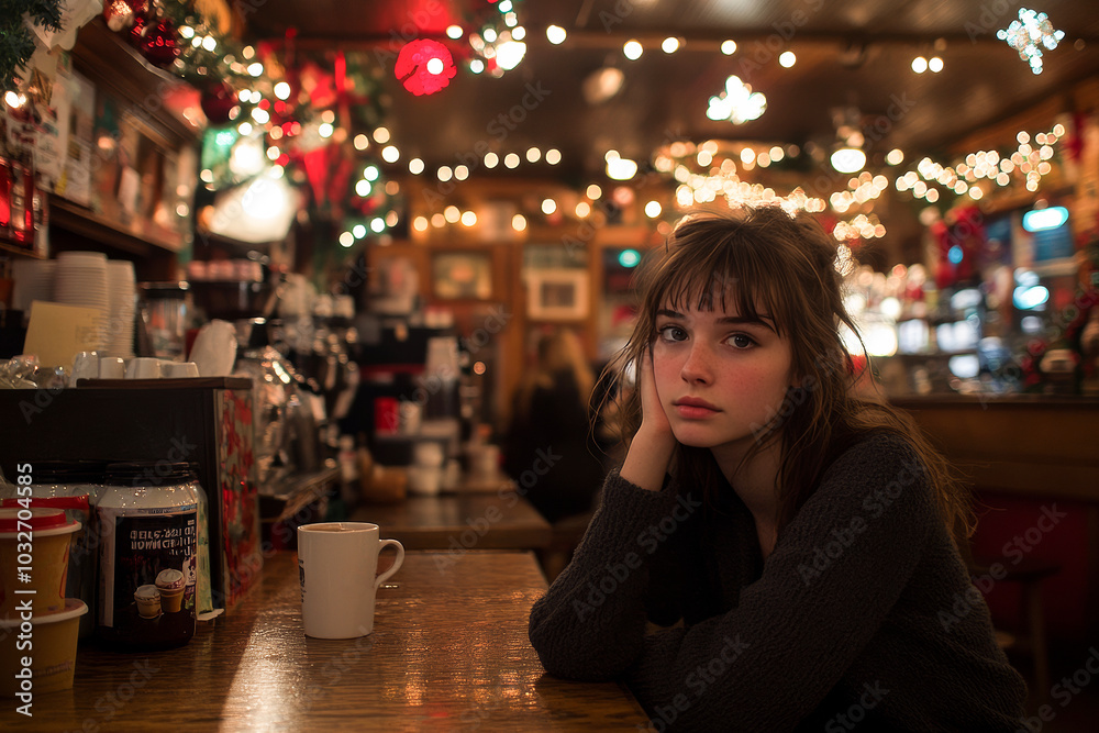 Young woman sits alone at a table in a cozy cafe decorated for the christmas holidays, looking pensive Young woman sits alone at a table in a cozy cafe decorated for the christmas holidays, looking pensive