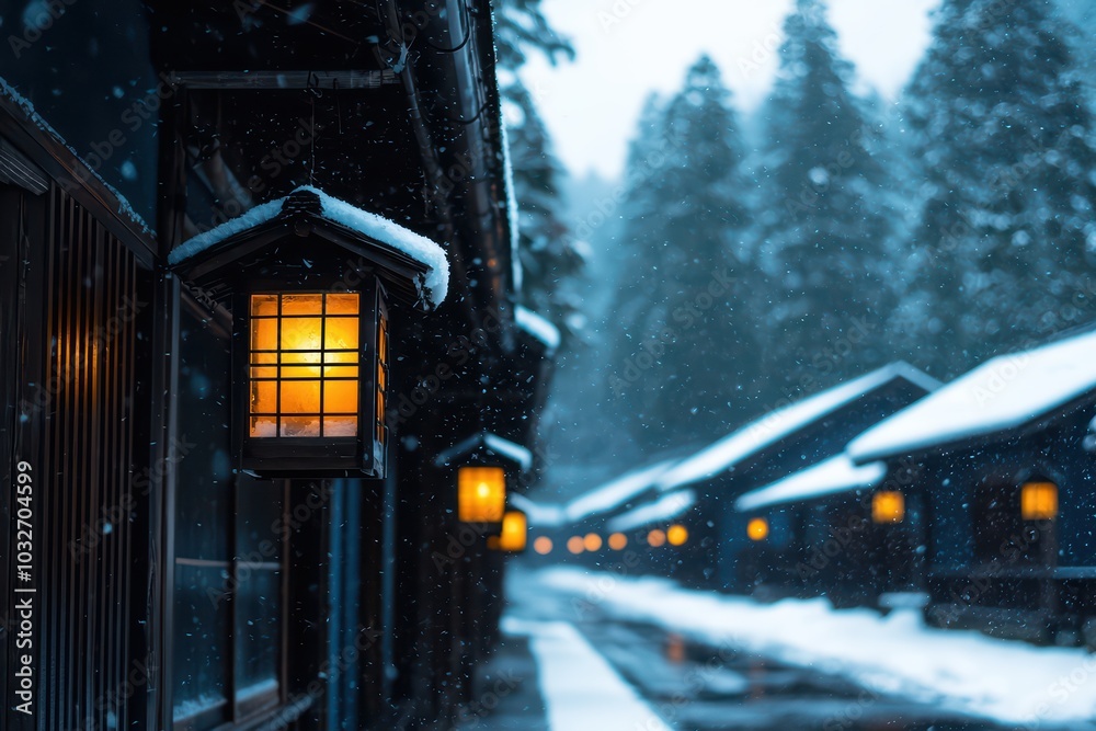 Fototapeta premium Charming wooden houses with glowing lanterns in a snowy landscape, creating a warm, inviting atmosphere in a winter setting.