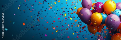 Colorful balloons float amidst vibrant confetti against a bright blue background