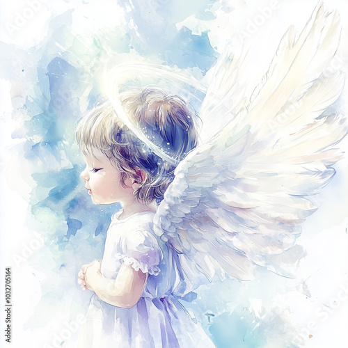 Watercolor angelic child with wings. photo