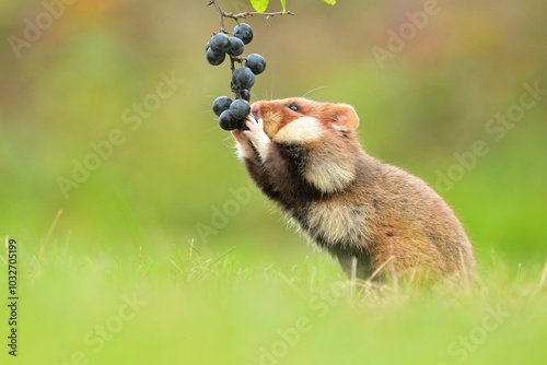 European hamster Cricetus cricetus eats fruits and berries rodent eurasian black-bellied common grassland in the fields of landscape cereal wheat region, beautiful eyes and fur, wild Europe