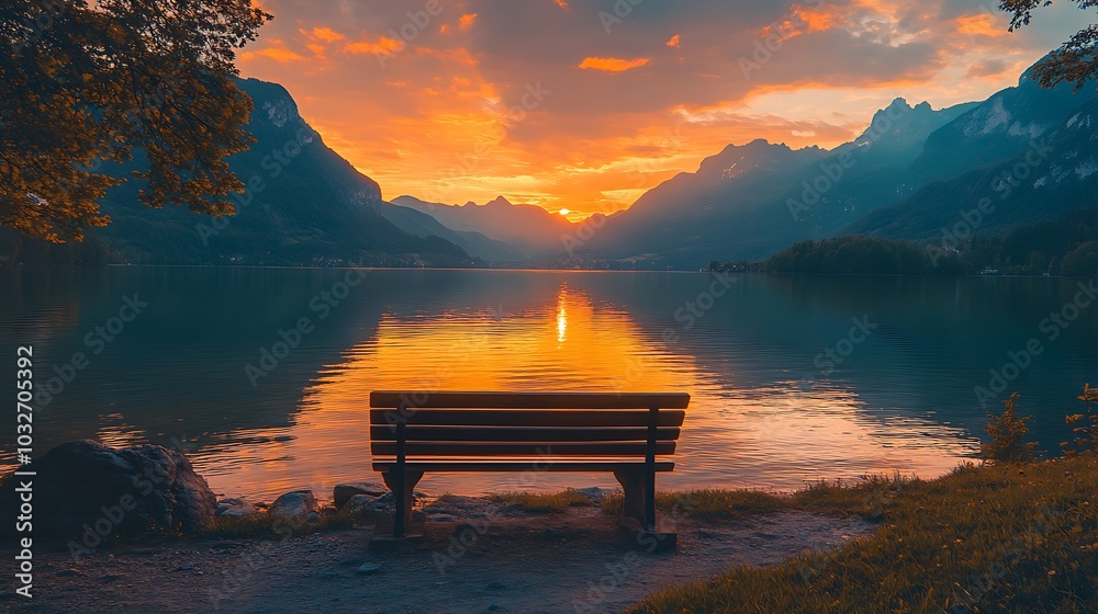 custom made wallpaper toronto digitalSerene bench overlooking lake and sunset mountains view photos