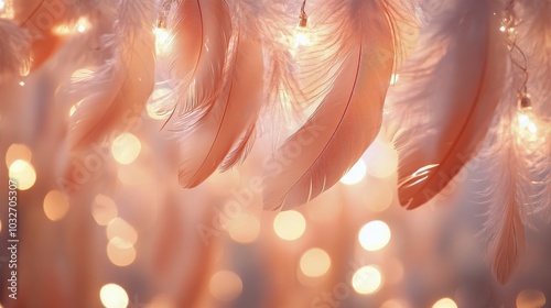 Delightful soft feathers hanging above warm twinkling lights in a cozy indoor...