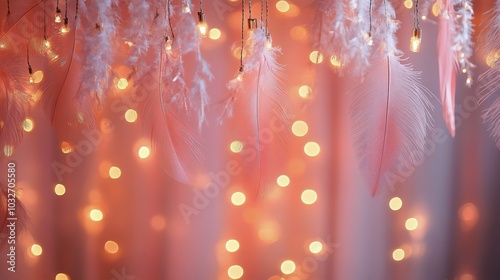 Delightful soft feathers hanging above warm twinkling lights in a cozy indoor...