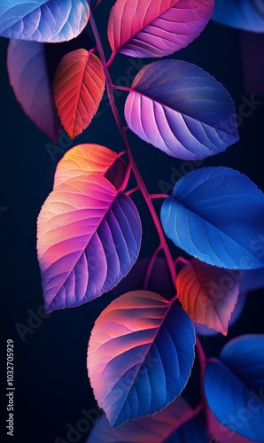 Colorful leaves illuminated by soft light in a serene setting during twilight...