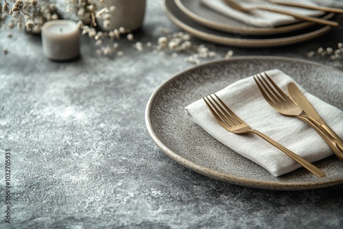 Elegant dining setup with gold utensils and textured plates on a grey background