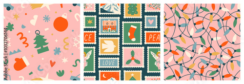 Merry Christmas vintage cartoon seamless pattern set. Retro style winter holiday postage sticker texture. Xmas celebration post card stamp wallpaper, festive hand drawn print collection. 