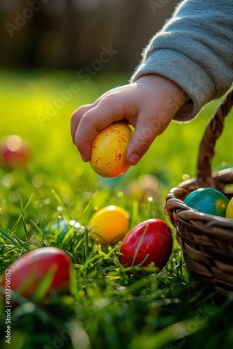 Child picking colorful eggs from grass during an outdoor Easter egg hunt in s...