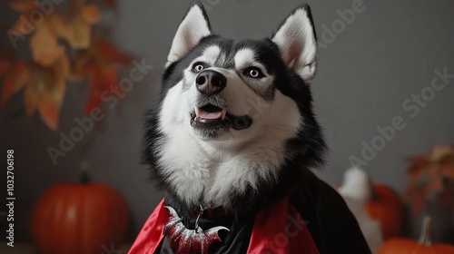 Adorable husky dog decked out as Dracula, surrounded by Halloween decorations by a gray wall.