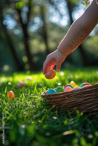 Child picking colorful eggs from grass during an outdoor Easter egg hunt in s...