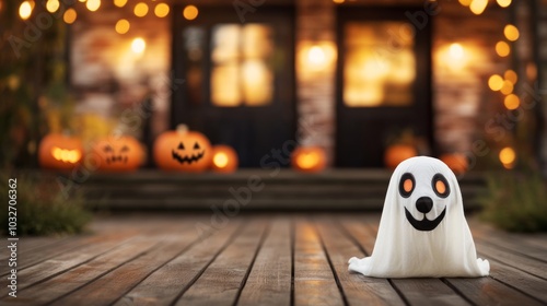 Grinning ghost ornament adorns a wooden porch alongside carved pumpkins and string lights, setting a cozy and welcoming ambiance for halloween celebrations