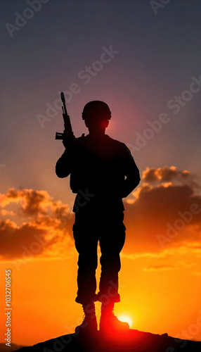 A soldier standing on a battlefield at dusk, silhouetted against a fading sky, embodying courage and resilience amidst the remnants of conflict.